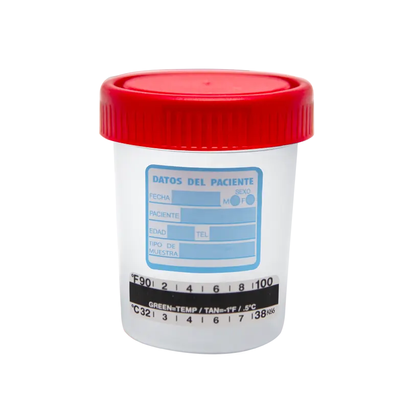 Vaso recolector tapa roja con etiqueta y termómetro no esteril 100ml